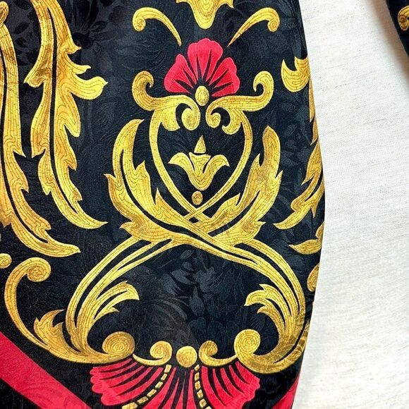 Vtg Linda Allard Ellen Tracy Silk Square Scarf Black Red Gold 35x35” Excellent - Picture 6 of 12